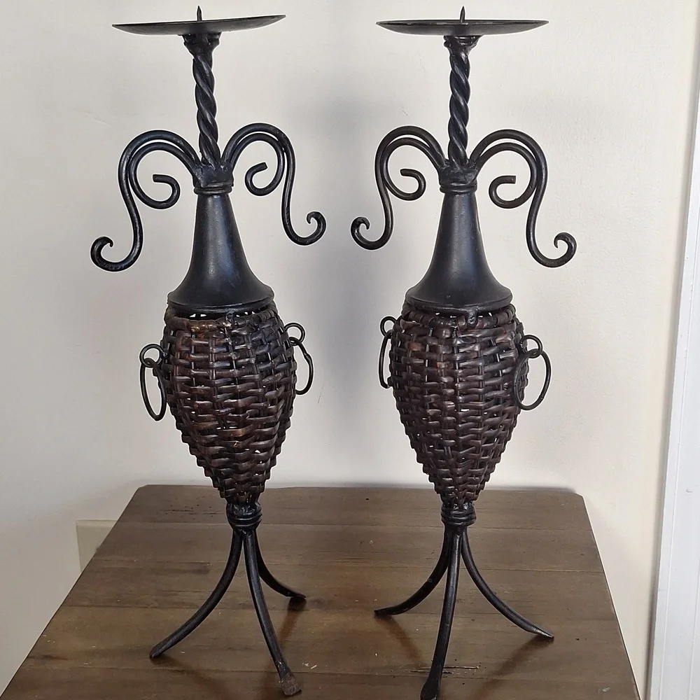 Pair Of Wrought Iron And Brown Wicker Candle Holders